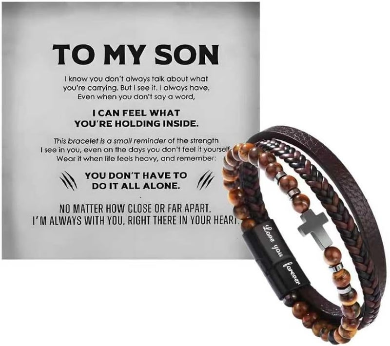 The Guardian - Son's Tiger Eye Protection Bracelet From Mom, Black Braided Leather natural stone Inspirational Bracelets Engraved Love You Forever Birthday Gift Jewelry
